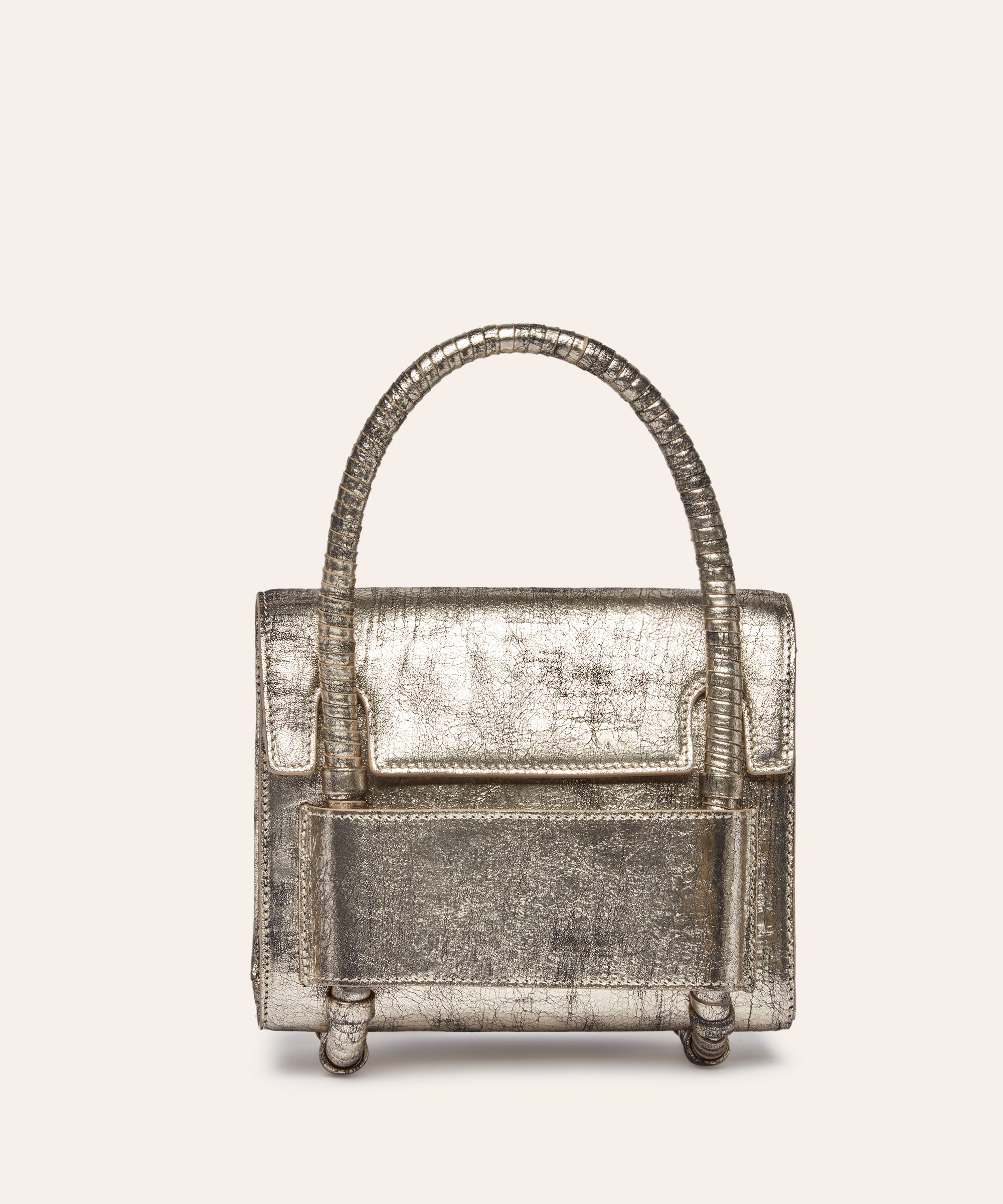 KUN HONG the CHUA collection Handbags Mother Satchel Daughter Mini  Metalic handbag with a textured surface on a beige background