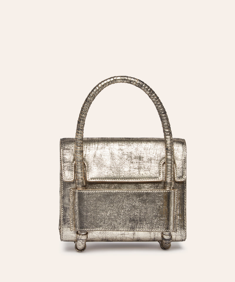 KUN HONG the CHUA collection Handbags Mother Satchel Daughter Mini  Metalic handbag with a textured surface on a beige background