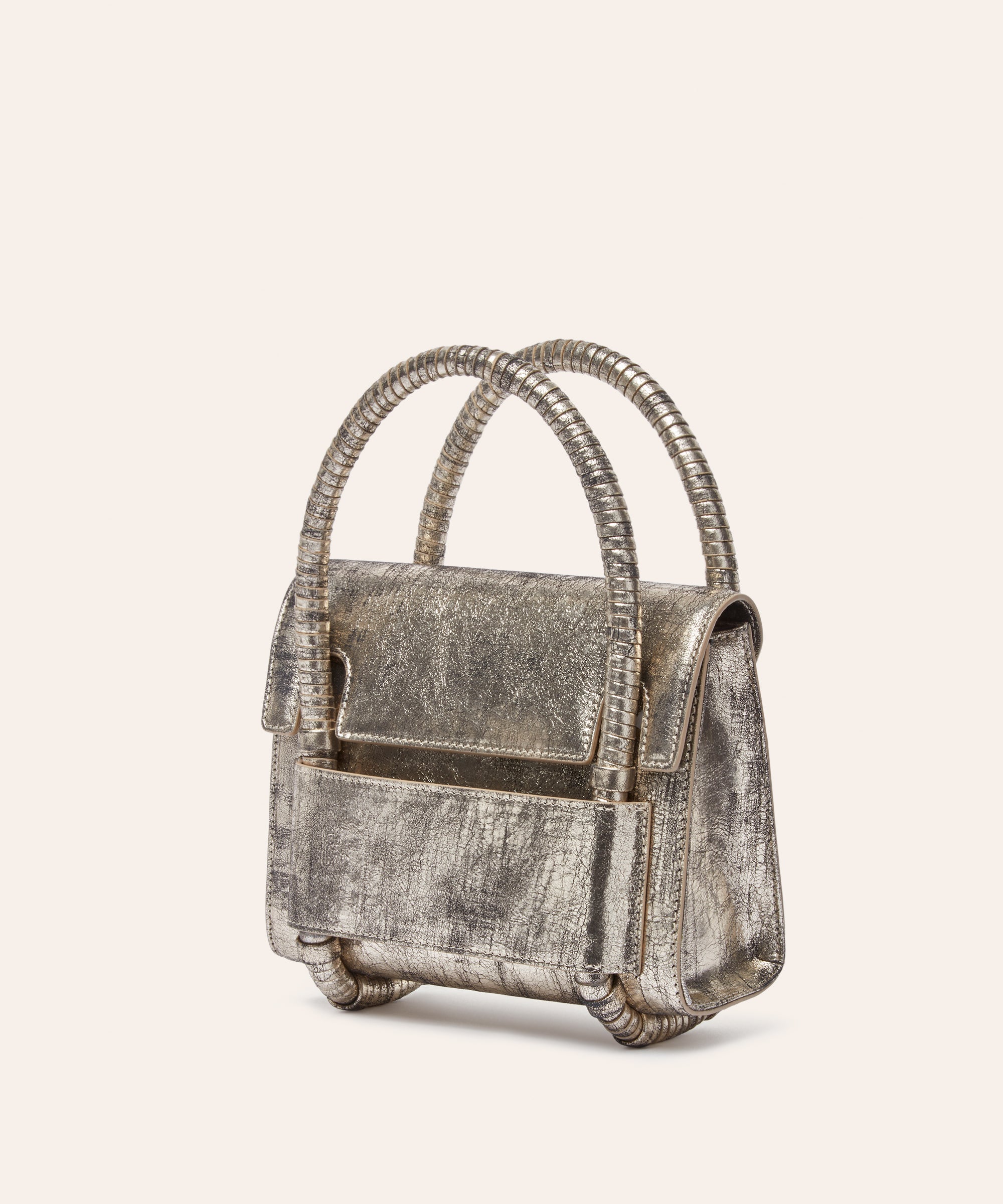 KUN HONG the CHUA collection Handbags Mother Satchel Daughter Mini  Silver GOLD metallic handbag with wrapped handle on a beige background
