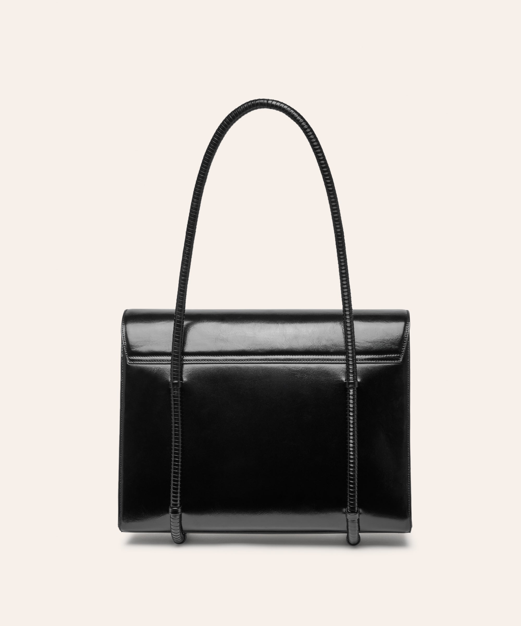 KUN HONG the CHUA collection Handbags Mother Satchel Daughter Mini Lacquer Black KUN HONG Black handbag on a beige background