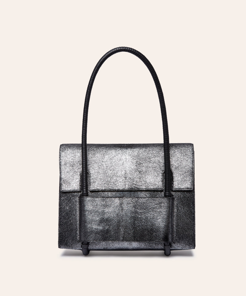 KUN HONG Mother Satchel in Silver Fuzz Cavallino Pony Hair Pony Calf Skin Bag