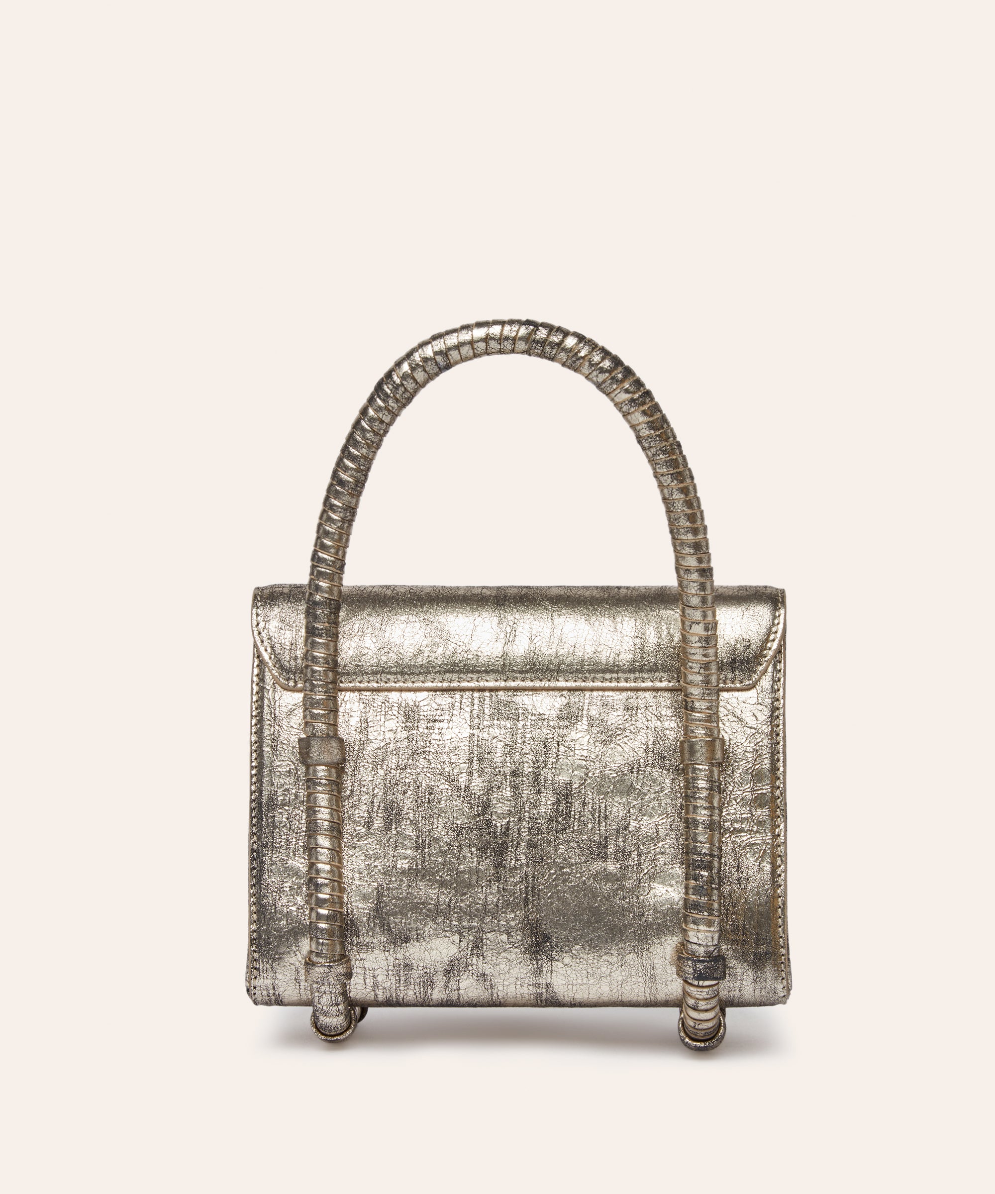 KUN HONG the CHUA collection Handbags Mother Satchel Daughter Mini  Metalic handbag with textured handle on a light beige background