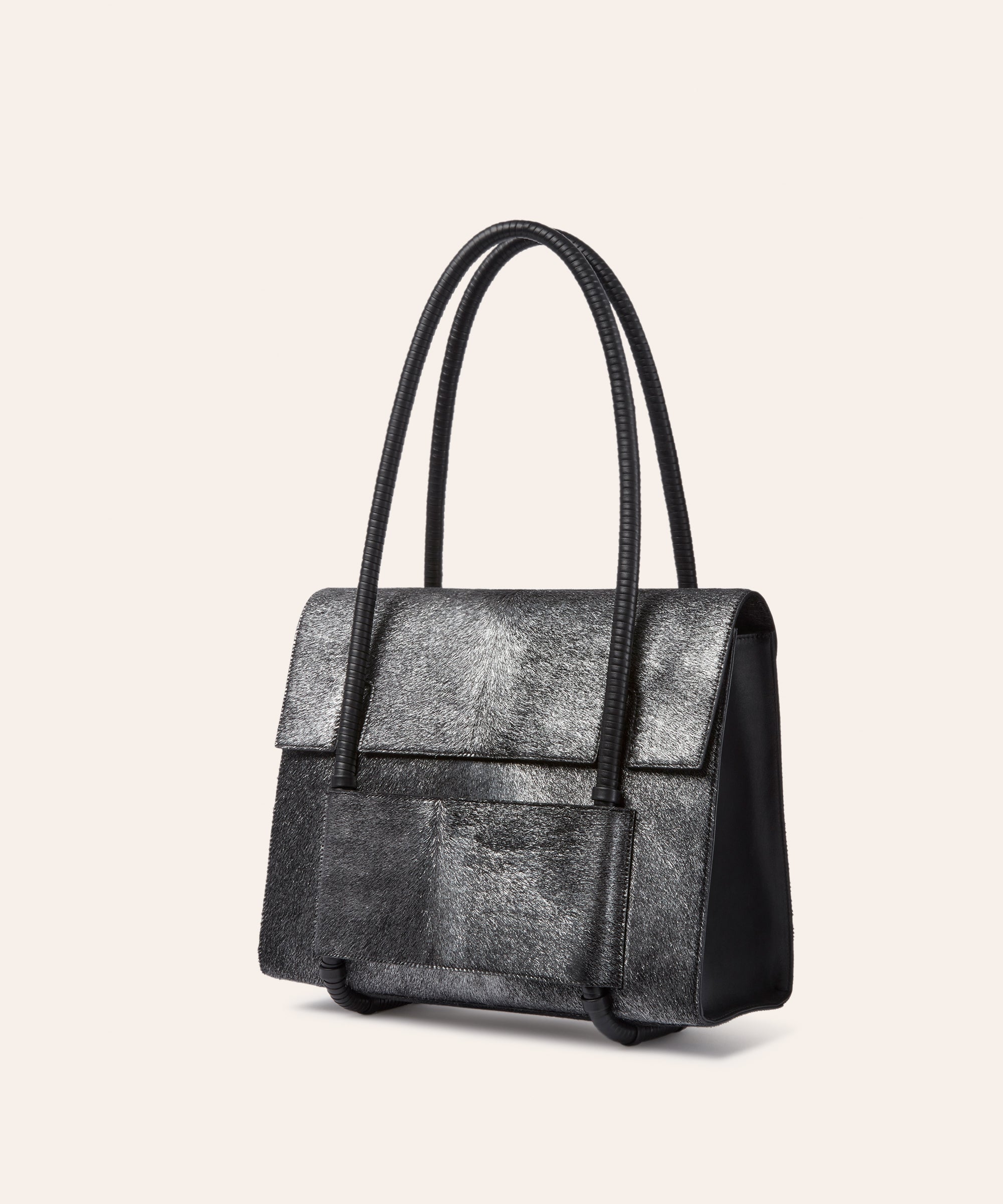 KUN HONG Mother Satchel in Silver Fuzz Cavallino Pony Hair Pony Calf Skin Bag