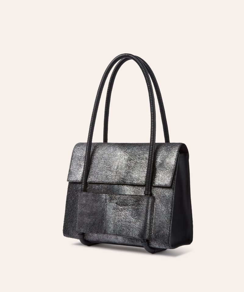 KUN HONG Mother Satchel in Silver Fuzz Cavallino Pony Hair Pony Calf Skin Bag
