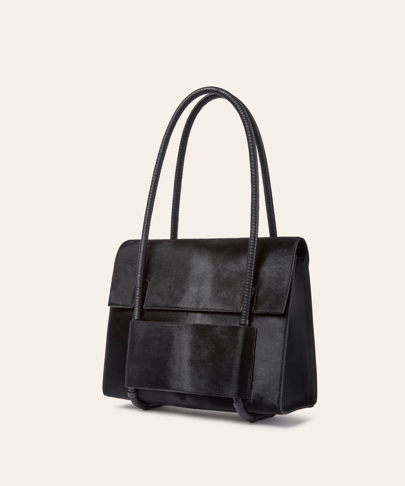 KUN HONG Mother Satchel in Black Fuzz Cavallino Pony Hair Pony Calf Skin Bag